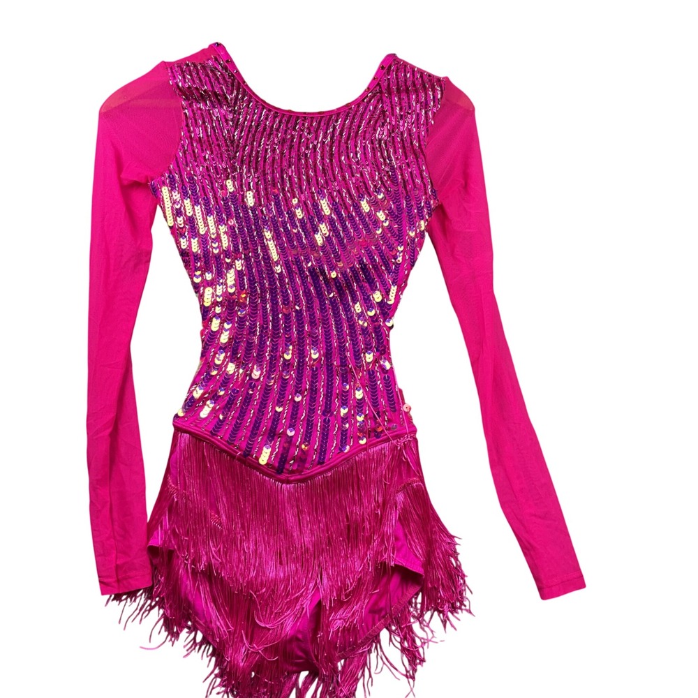 Weissman Dance Leotard Girls XSA Pink Sequin Fringe Long Sleeve Performance